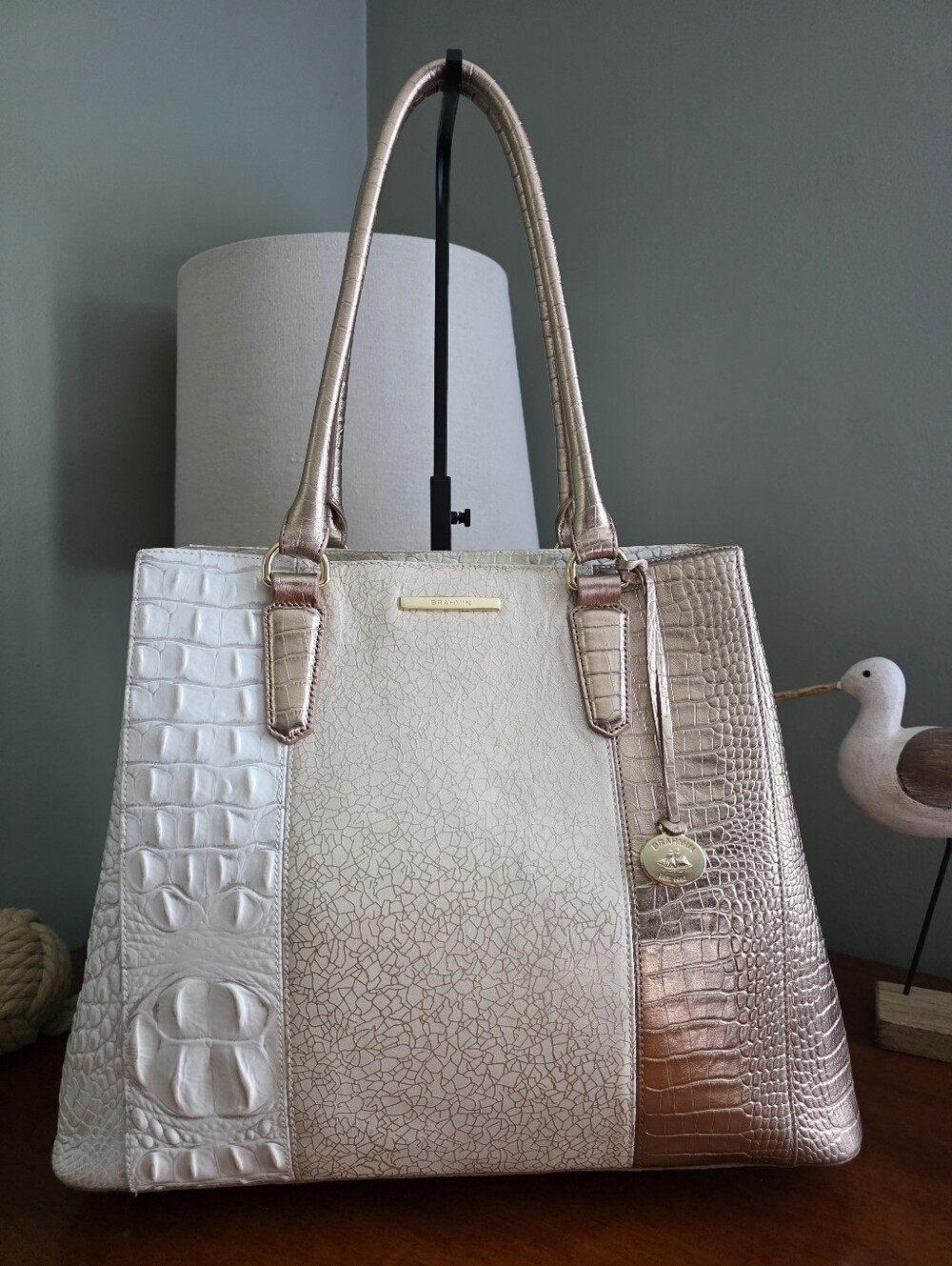 Brahmin Joan Tote Tri Texture Colorblock Cream Gold Croc Leather Bag